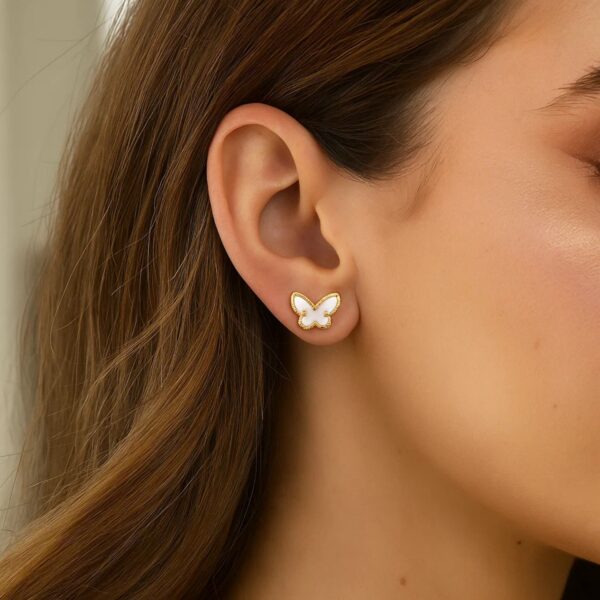 14K Yellow Gold Mother of Pearl Butterfly Stud Earrings - Image 4