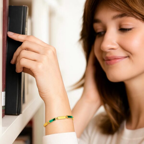 14K Yellow Gold Malachite Rectangle Links Bracelet (3.50 mm) - Image 2