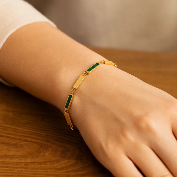 14K Yellow Gold Malachite Rectangle Links Bracelet (3.50 mm) - Image 4