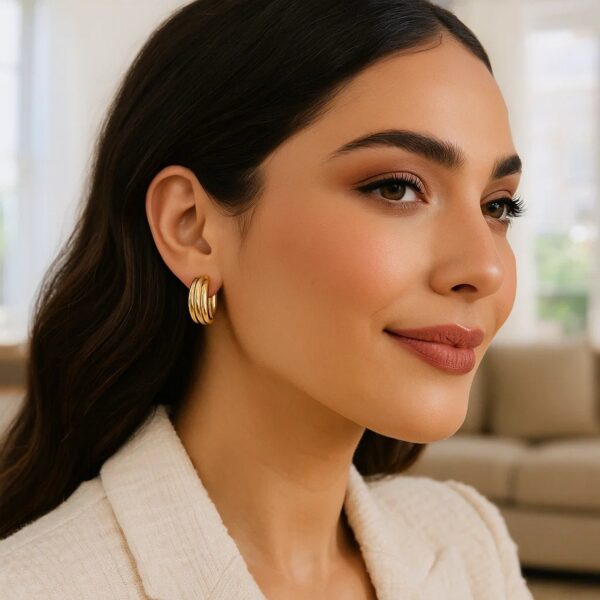 14K Yellow Gold Ribbed Hoop Earrings - Image 2