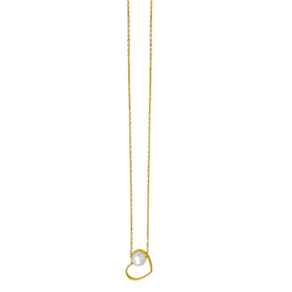 Open Heart and Pearl Necklace in 14K Yellow Gold