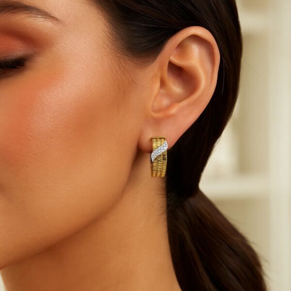 14K Yellow Gold Triple Row Diamond Omega Hoop Earrings - Image 3