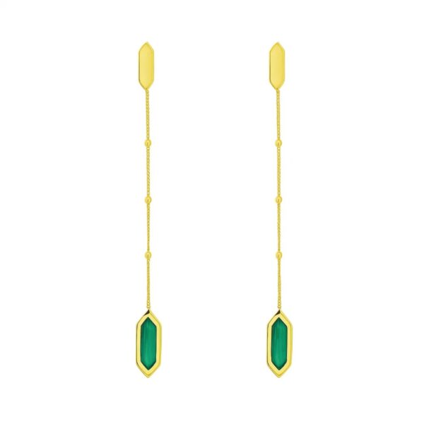 14K Yellow Gold Hexagon Malachite Drop Earrings - Image 2