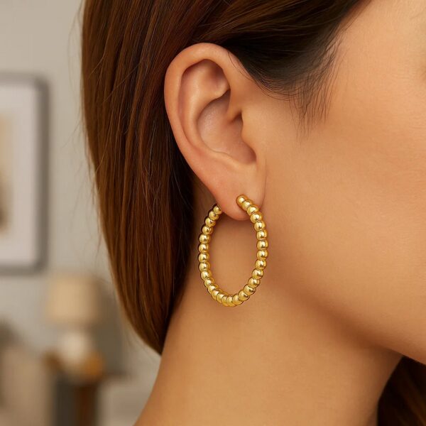 14K Yellow Gold Polished Large Bead Hoop Earrings - Image 4